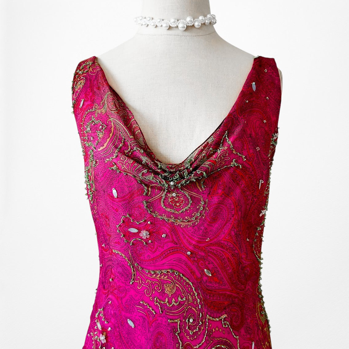 Vintage Y2K Pink Beaded Cowl Neck Silk Bodycon Maxi Prom Dress Size M