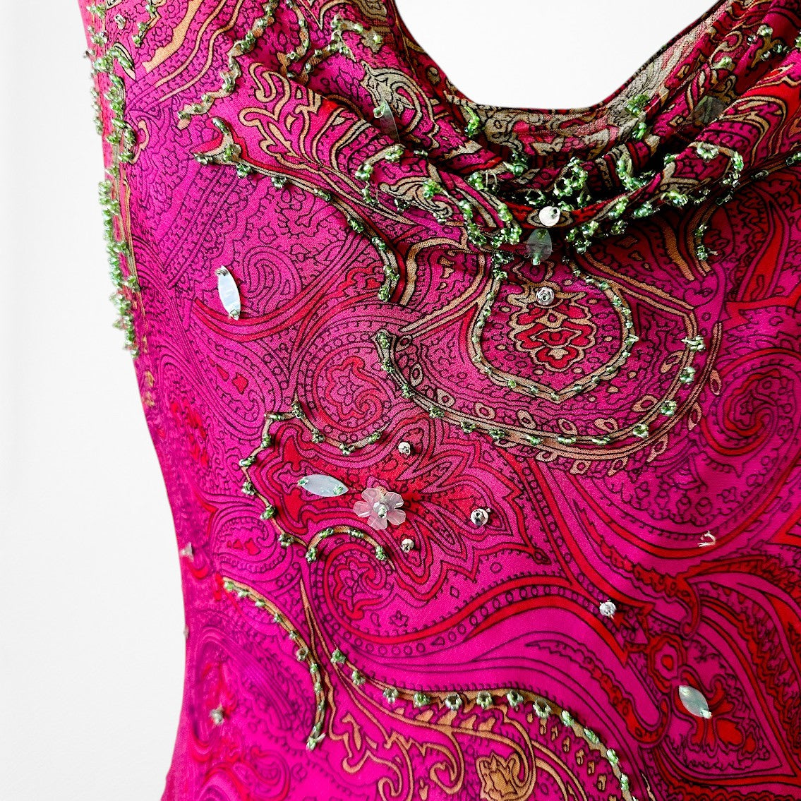 Vintage Y2K Pink Beaded Cowl Neck Silk Bodycon Maxi Prom Dress Size M