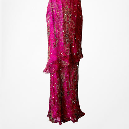 Vintage Y2K Pink Beaded Cowl Neck Silk Bodycon Maxi Prom Dress Size M