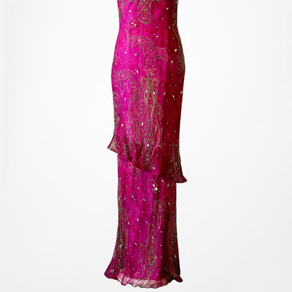 Vintage Y2K Pink Beaded Cowl Neck Silk Bodycon Maxi Prom Dress Size M