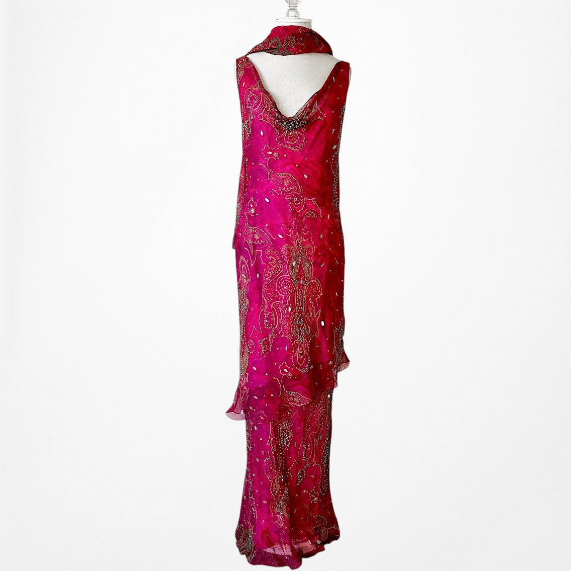 Vintage Y2K Pink Beaded Cowl Neck Silk Bodycon Maxi Prom Dress Size M