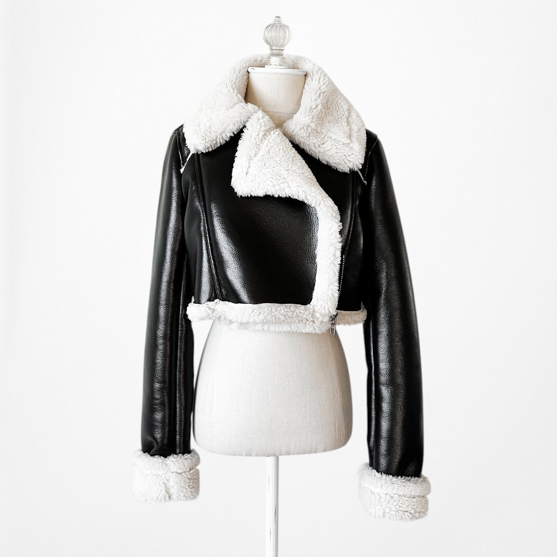 Zara Black Faux Fur Shearling Fleece Lined Cropped Leather Jacket Size S