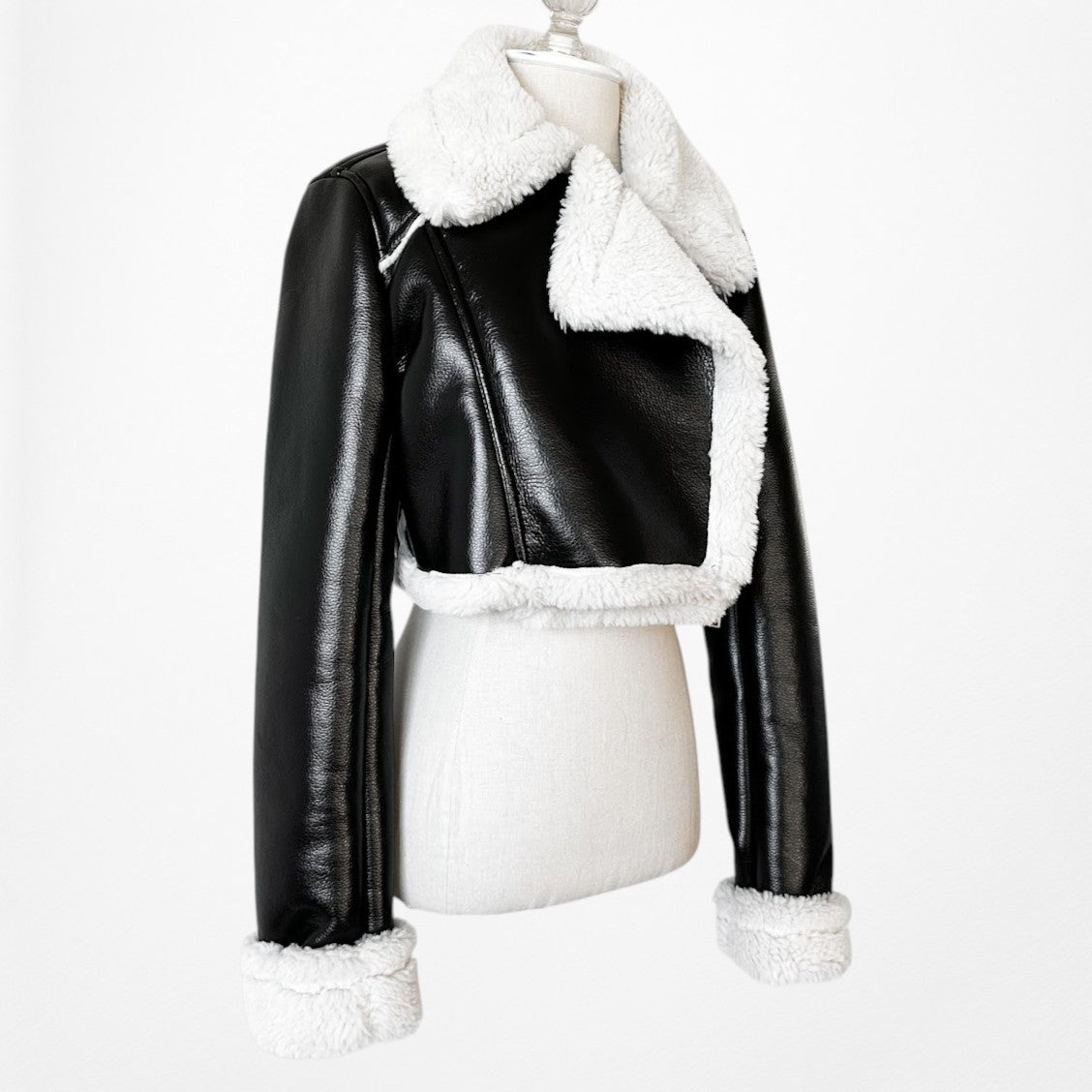 Zara Black Faux Fur Shearling Fleece Lined Cropped Leather Jacket Size S