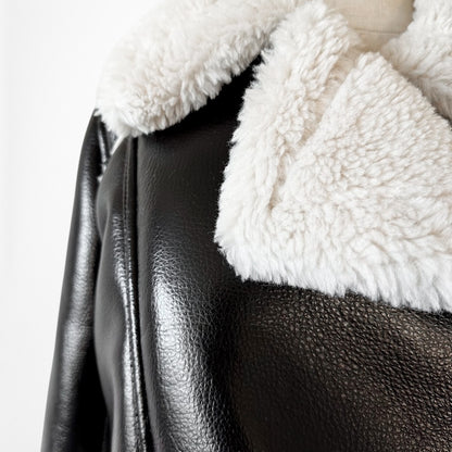 Zara Black Faux Fur Shearling Fleece Lined Cropped Leather Jacket Size S