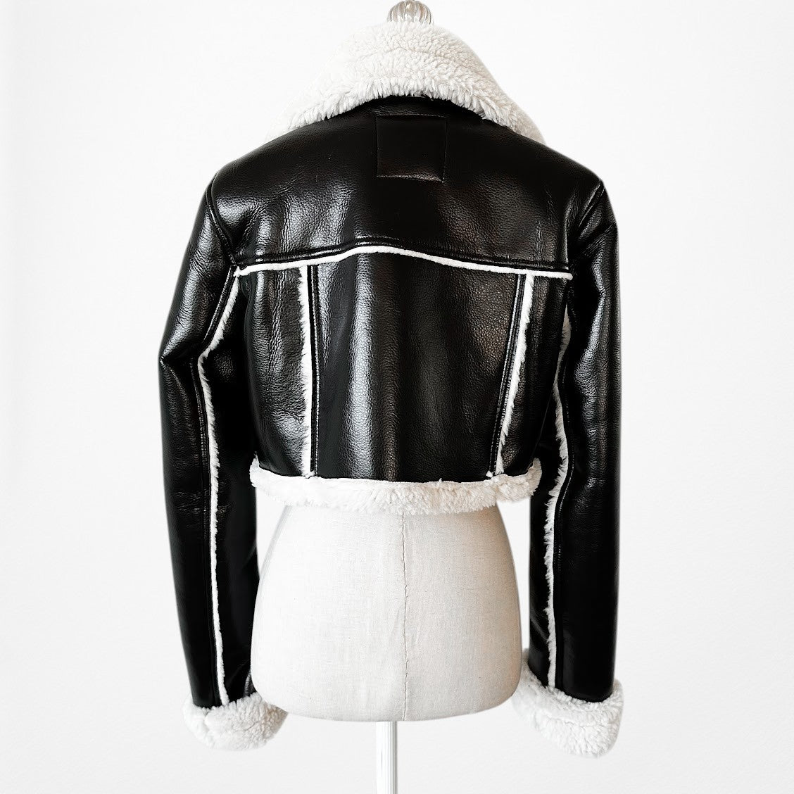 Zara Black Faux Fur Shearling Fleece Lined Cropped Leather Jacket Size S