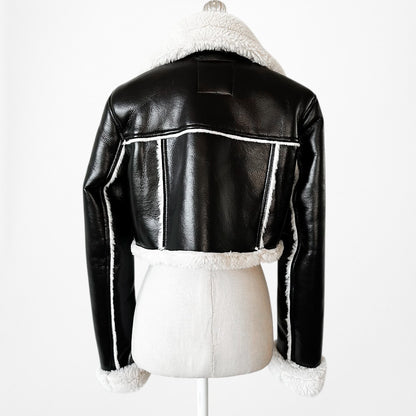 Zara Black Faux Fur Shearling Fleece Lined Cropped Leather Jacket Size S