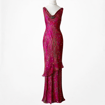 Vintage Y2K Pink Beaded Cowl Neck Silk Bodycon Maxi Prom Dress Size M