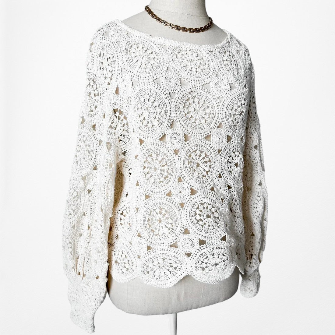 Zara Off White Crewneck Cutout Puffy Sleeve Lace Crochet Sweater Top Size S