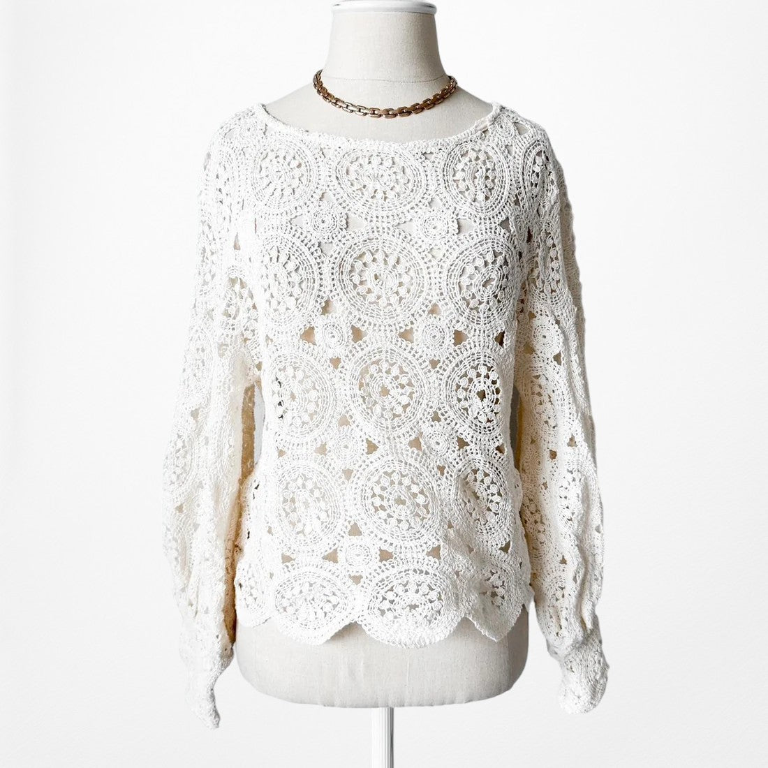 Zara Off White Crewneck Cutout Puffy Sleeve Lace Crochet Sweater Top Size S