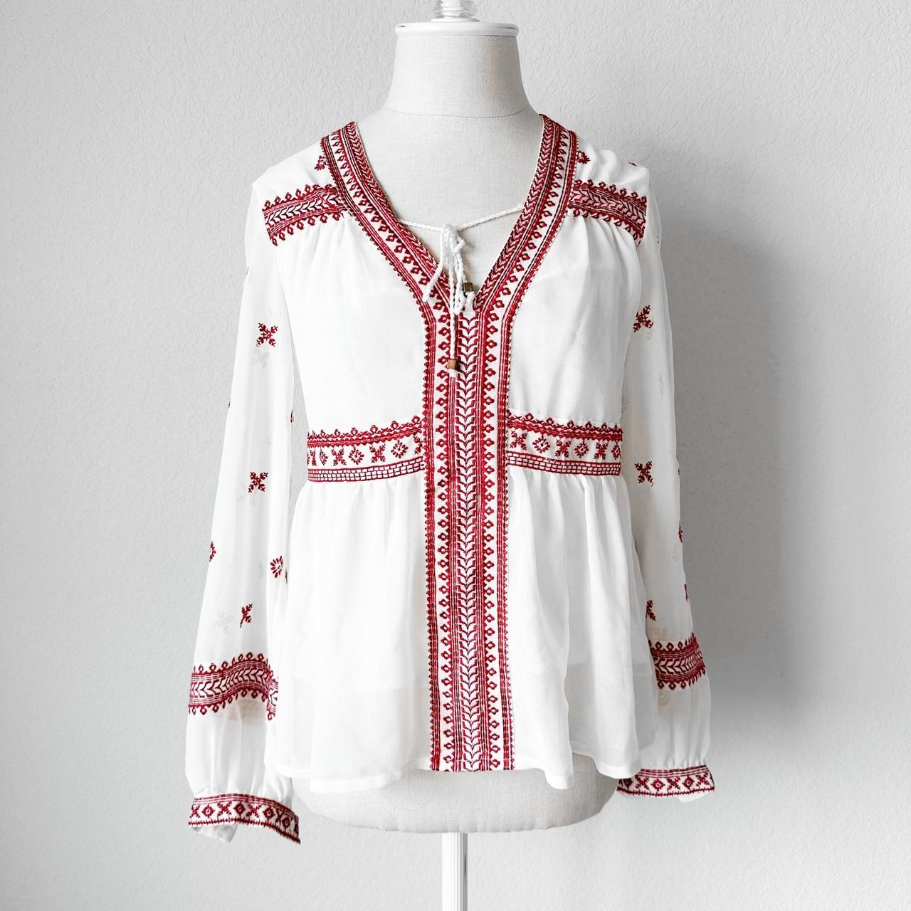 Topshop Off White Long Puffy Sleeve Striped Boho Babydoll Blouse Size 0/XS