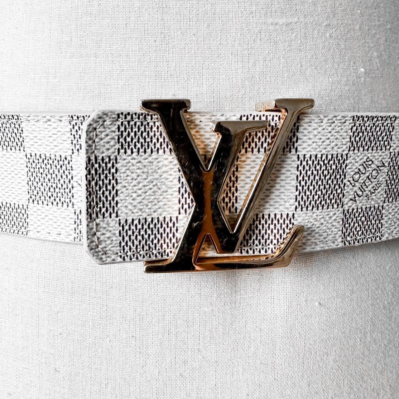 Gray White Gold Hardware Plaid Checkered Louis Vuitton Leather Belt Size 80/32