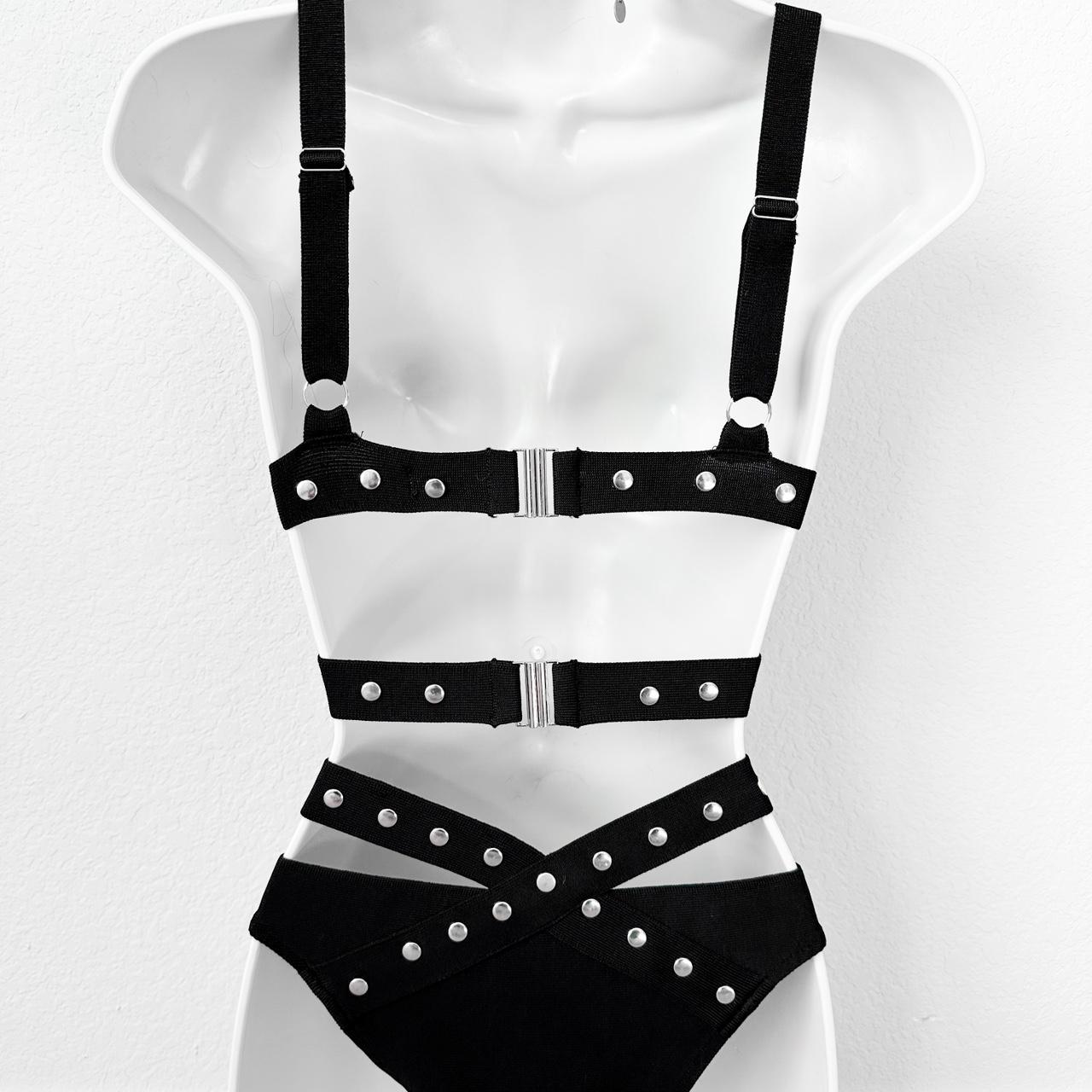 Luxe Lane Black Silver Studded Cutout Two Piece Bathing Suit Swimsuit Size XS