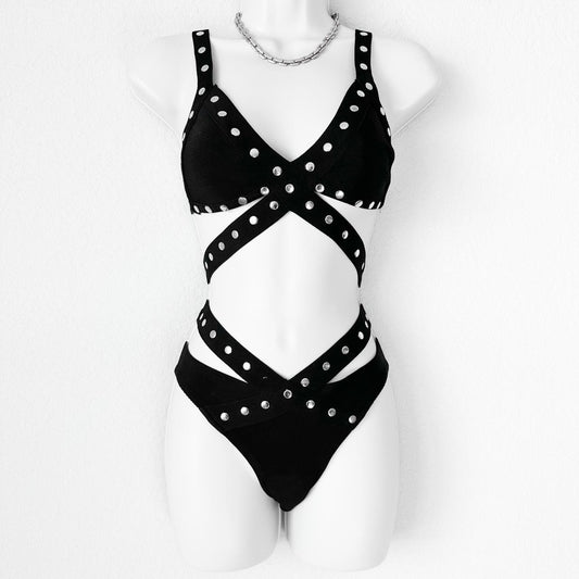 Luxe Lane Black Silver Studded Cutout Two Piece Bathing Suit Swimsuit Size XS