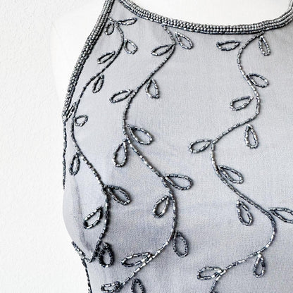 Vintage Gray Floral Beaded Silk Mesh Fishtail Bodycon Maxi Formal Prom Dress Size M