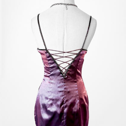Purple Satin Beaded Maxi Slit Formal Prom Dress Size S