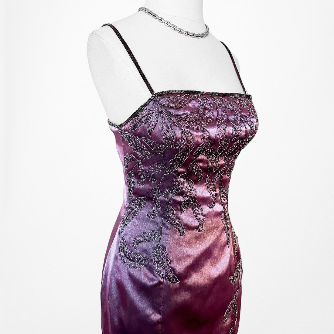 Purple Satin Beaded Maxi Slit Formal Prom Dress Size S