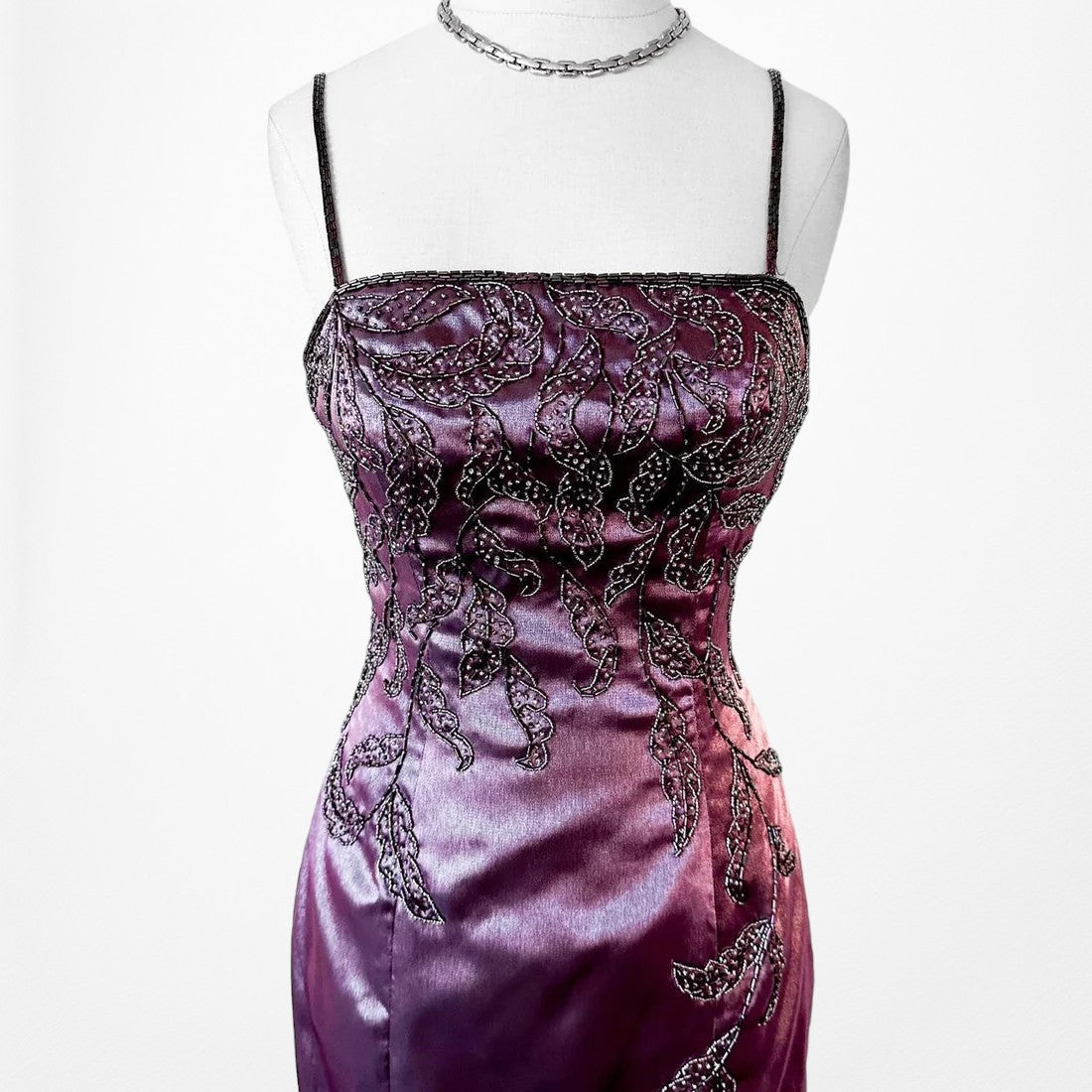 Purple Satin Beaded Maxi Slit Formal Prom Dress Size S