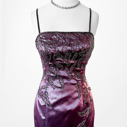Purple Satin Beaded Maxi Slit Formal Prom Dress Size S