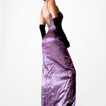 Purple Satin Beaded Maxi Slit Formal Prom Dress Size S