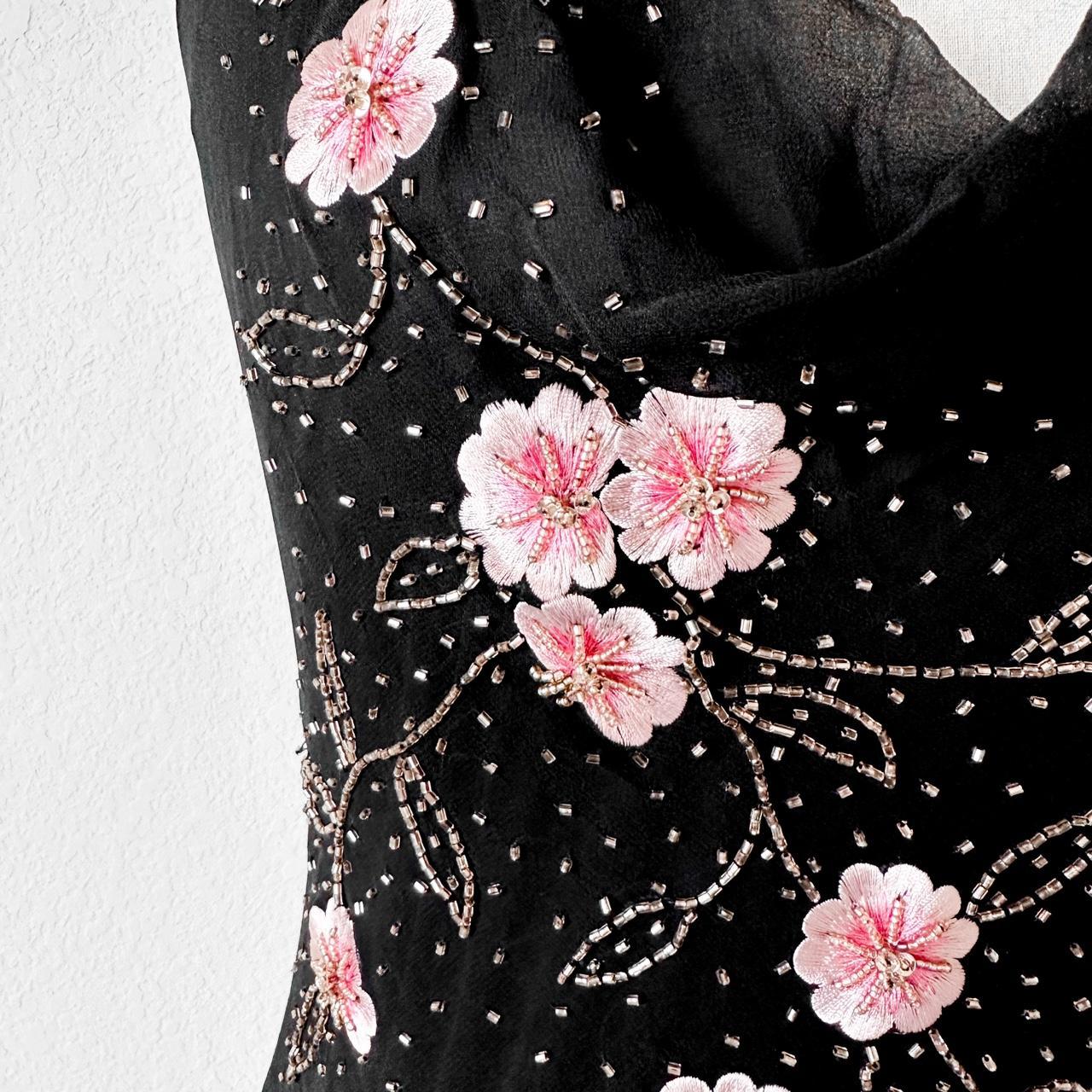 Black Pink Floral Beaded Silk Mesh Fit Flared Slip On Cocktail Formal Dress Size S/M