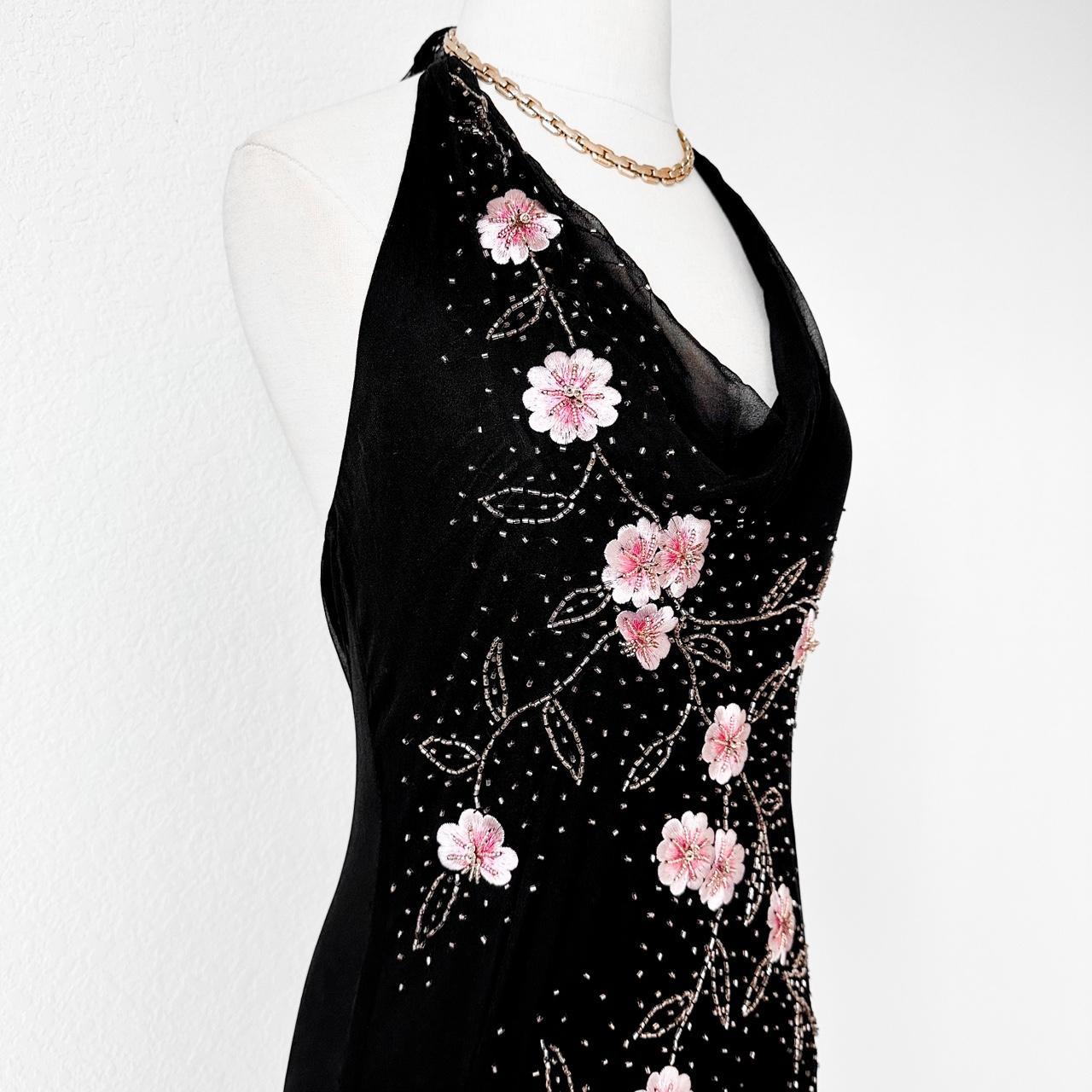 Black Pink Floral Beaded Silk Mesh Fit Flared Slip On Cocktail Formal Dress Size S/M