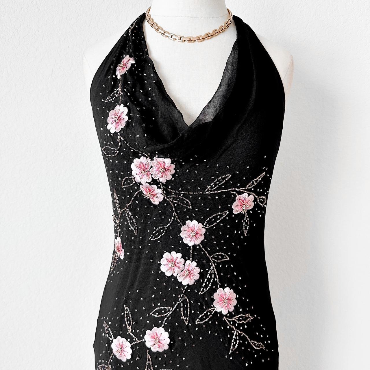 Black Pink Floral Beaded Silk Mesh Fit Flared Slip On Cocktail Formal Dress Size S/M