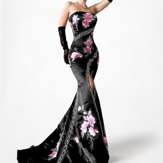 Vintage Black Pink Strapless Floral Beaded Embroidery Satin Maxi Fit Flared Formal Cocktail Dress Size S/M