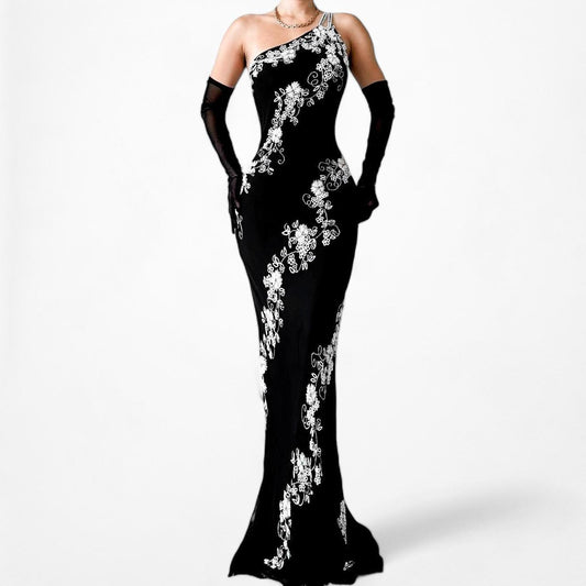 Vintage Black White Floral Beaded One Shoulder Silk Formal Maxi Bodycon Prom Dress Size M