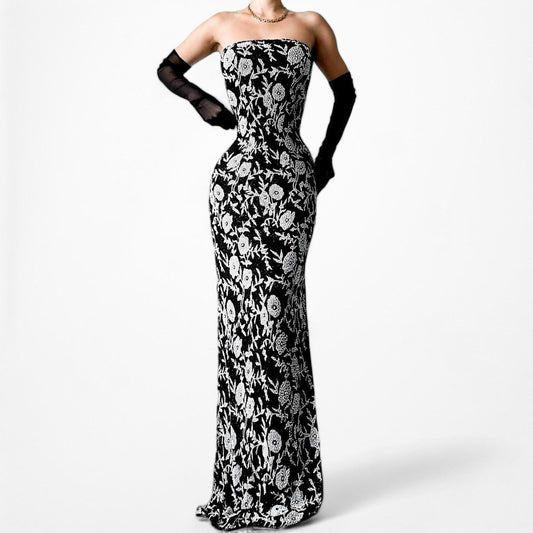 Vintage Black White Floral Beaded Straples Silk Side Slit Maxi Bodycon Cocktail Formal Prom Dress Size S