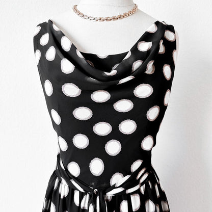 Kasper Black White Polka Dot Pleated Flared Cocktail Knee Length Dess Size 4/M