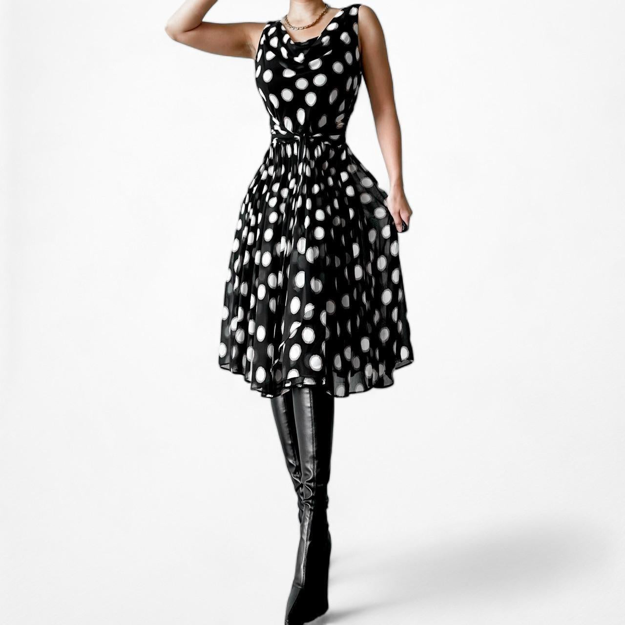 Kasper Black White Polka Dot Pleated Flared Cocktail Knee Length Dess Size 4/M