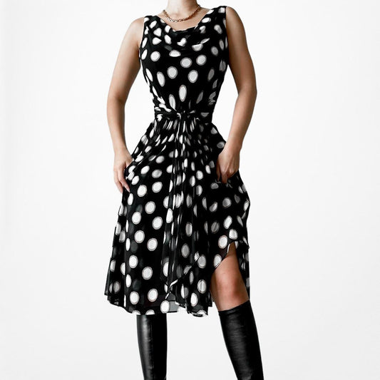 Kasper Black White Polka Dot Pleated Flared Cocktail Knee Length Dess Size 4/M