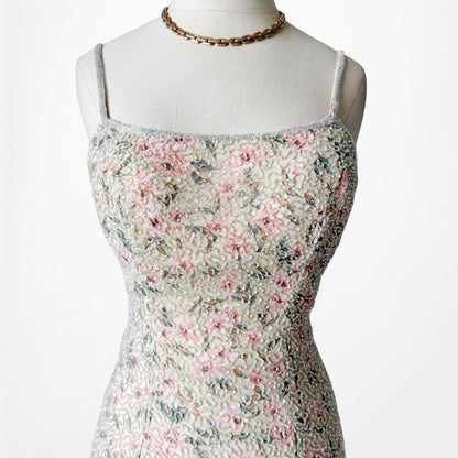 Beige Nude Floral Beaded Maxi Bodycon Cocktail Formal Prom Dress Size XS/S