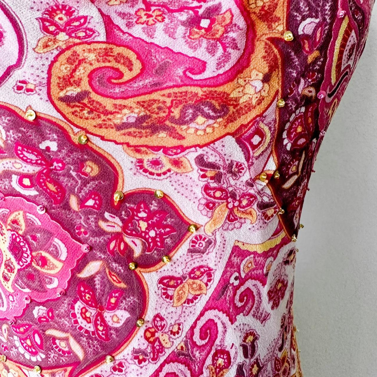 Vintage Pink Paisley Print Silk Sleeveless Beaded Ruffle Midi Cocktail Dress Size S/M