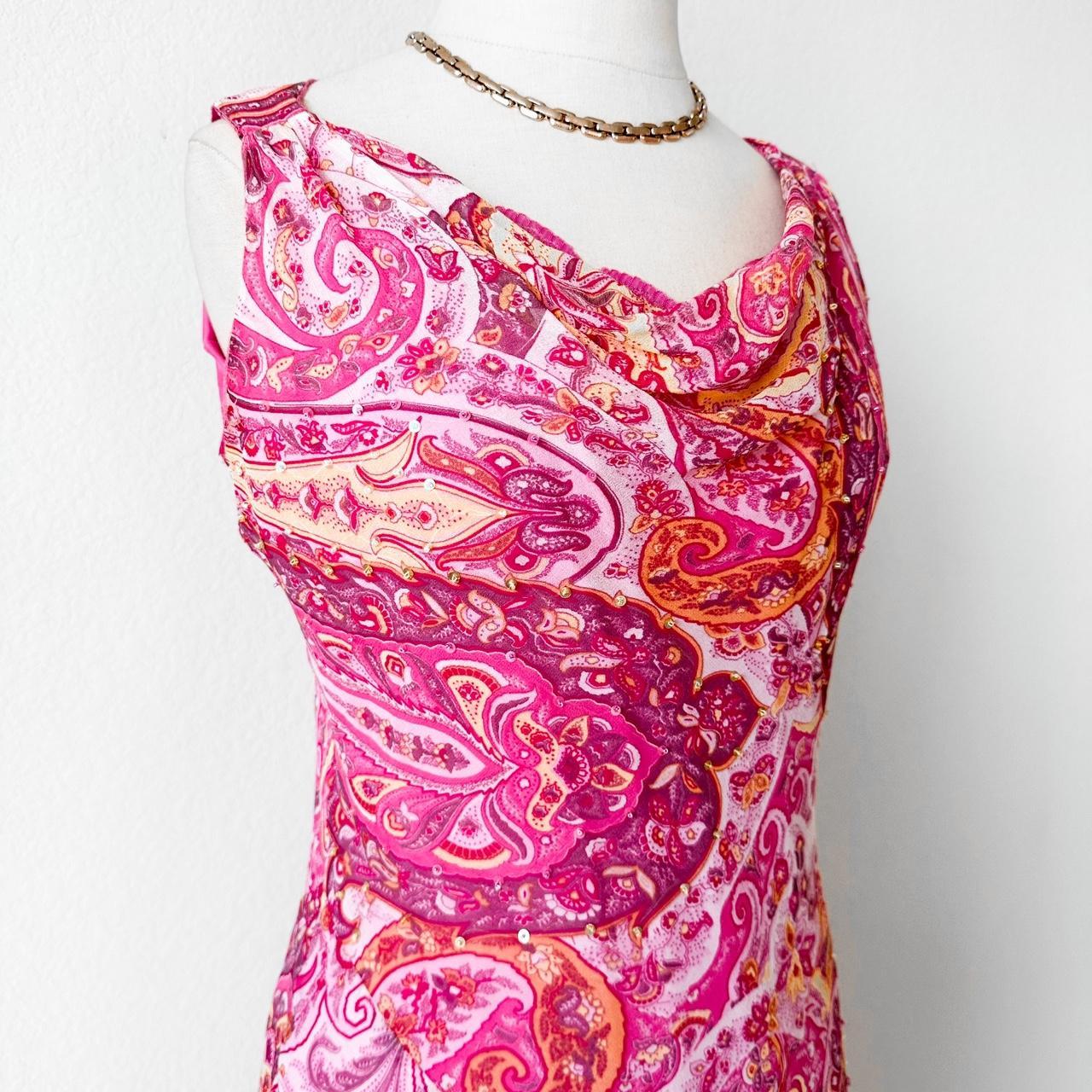 Vintage Pink Paisley Print Silk Sleeveless Beaded Ruffle Midi Cocktail Dress Size S/M