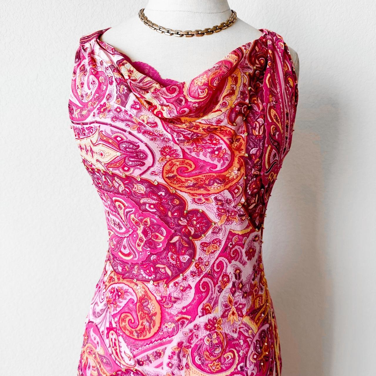 Vintage Pink Paisley Print Silk Sleeveless Beaded Ruffle Midi Cocktail Dress Size S/M