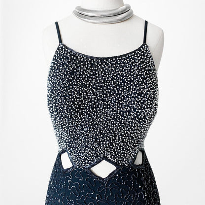 Vintage Blue Silver Cutout Beaded Maxi Bodycon Cocktail Formal Prom Dress M/L