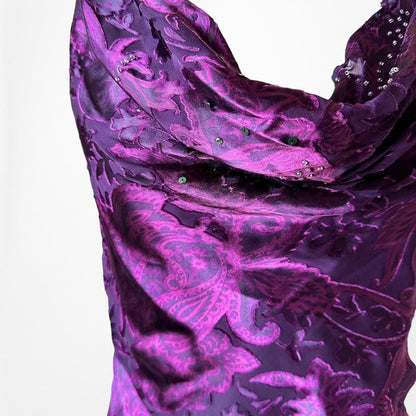 Vintage Purple Silk Slip On Beaded Fit Flared Maxi Cocktail Formal Prom Dress S