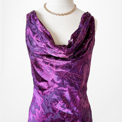 Vintage Purple Silk Slip On Beaded Fit Flared Maxi Cocktail Formal Prom Dress S