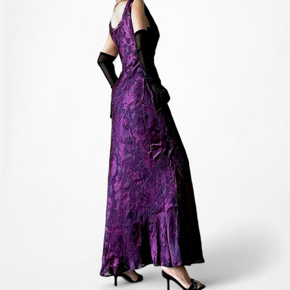 Vintage Purple Silk Slip On Beaded Fit Flared Maxi Cocktail Formal Prom Dress S