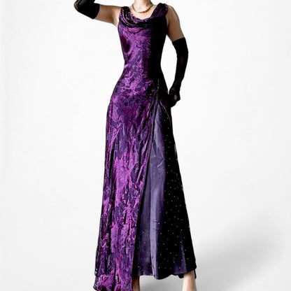 Vintage Purple Silk Slip On Beaded Fit Flared Maxi Cocktail Formal Prom Dress S