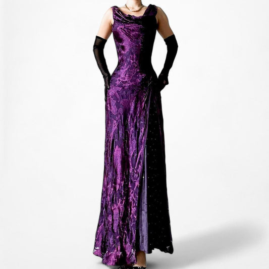 Vintage Purple Silk Slip On Beaded Fit Flared Maxi Cocktail Formal Prom Dress S