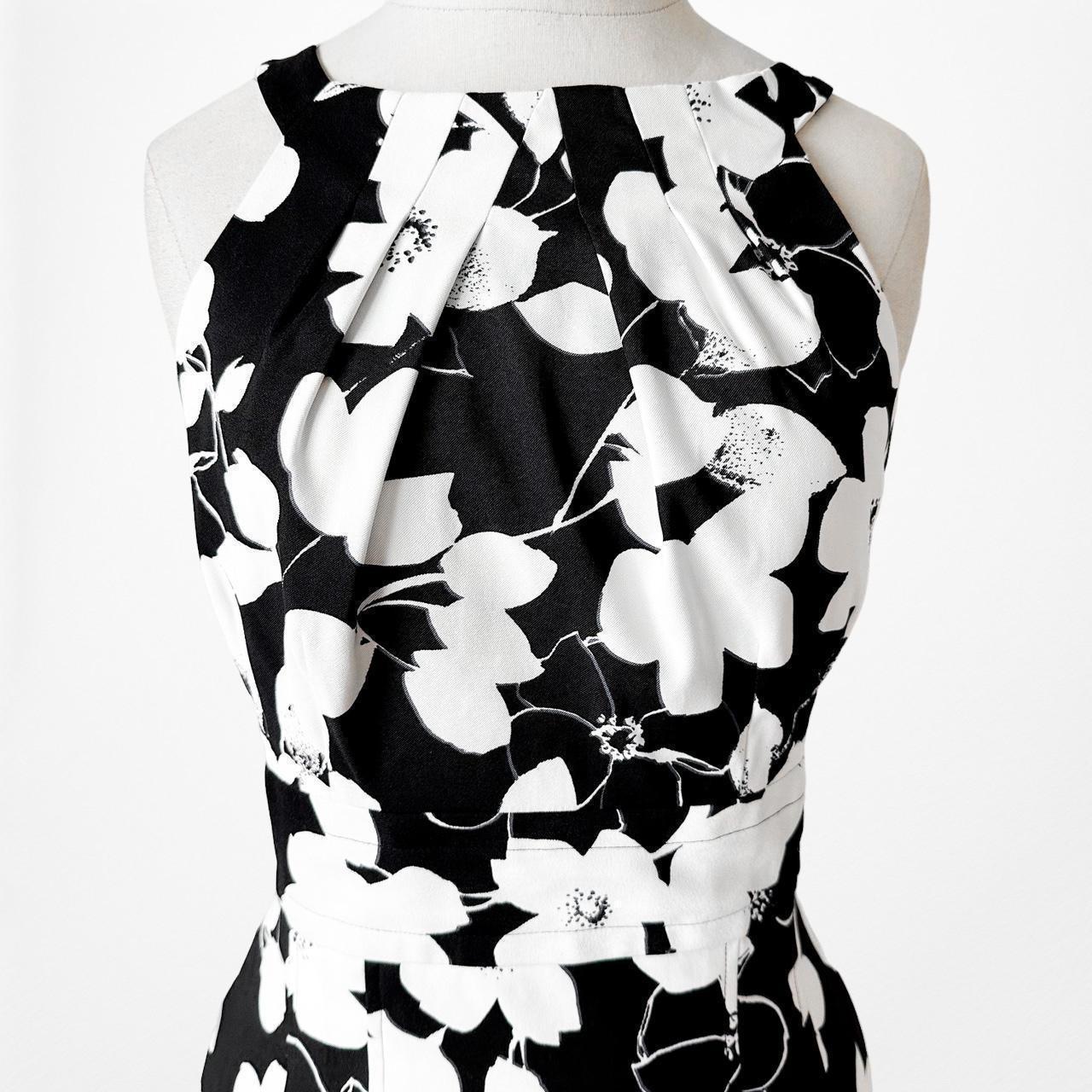 Roz Ali Black White Floral Pleated Flared Knee Length Cocktail Dress Size M