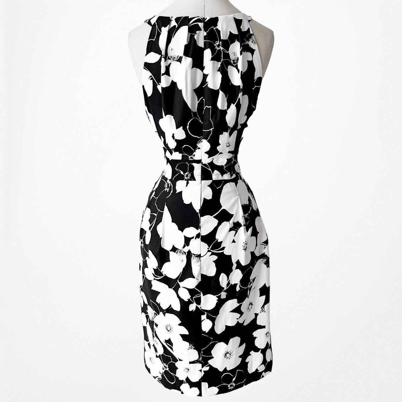 Roz Ali Black White Floral Pleated Flared Knee Length Cocktail Dress Size M