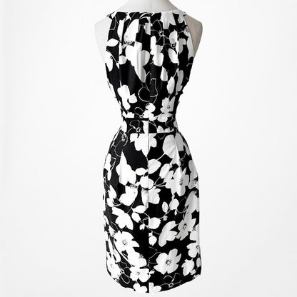 Roz Ali Black White Floral Pleated Flared Knee Length Cocktail Dress Size M