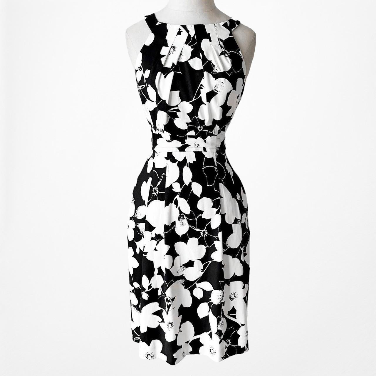 Roz Ali Black White Floral Pleated Flared Knee Length Cocktail Dress Size M