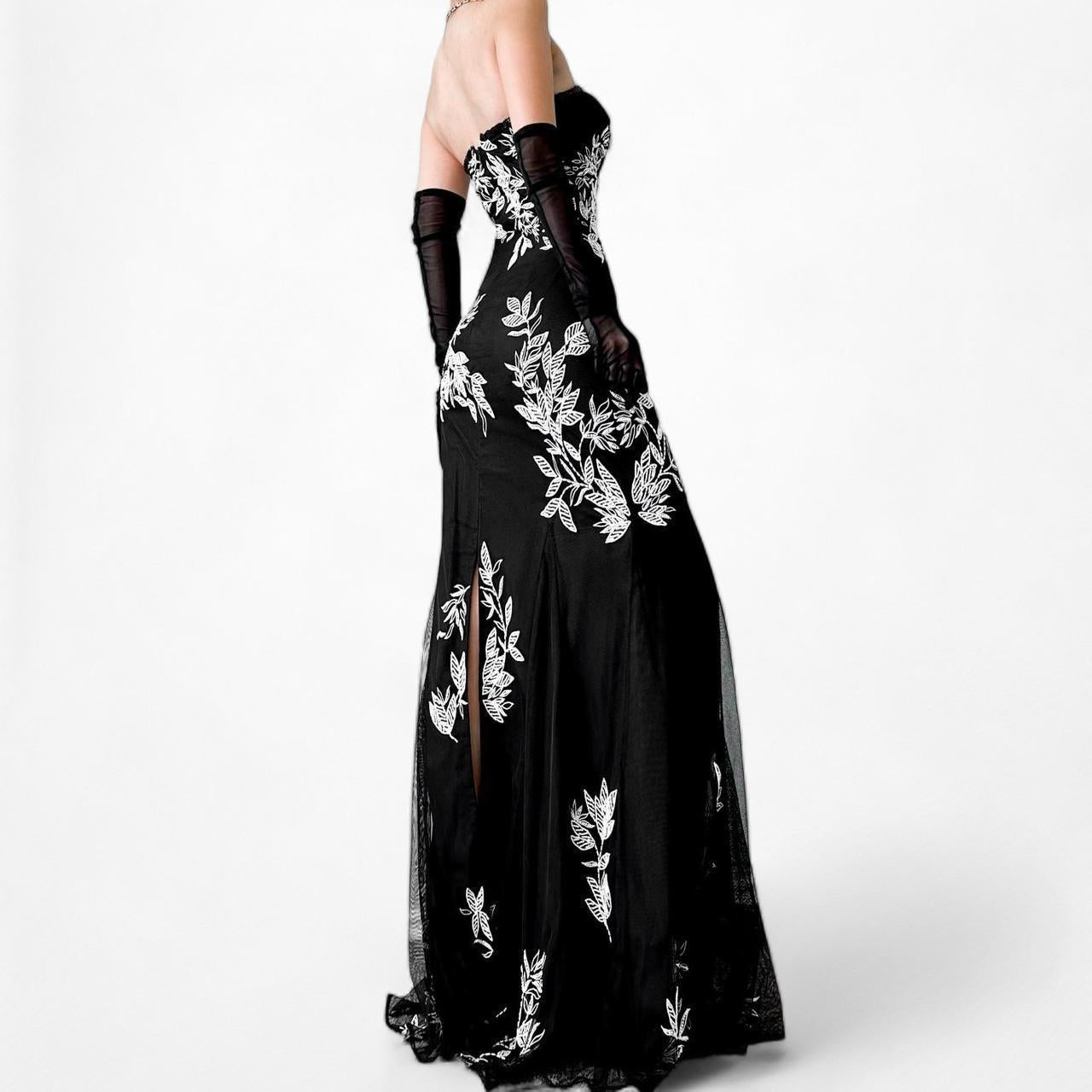 Black White Floral Beaded Strapless Fit Flared Maxi Cocktail Formal Prom Dress Size S