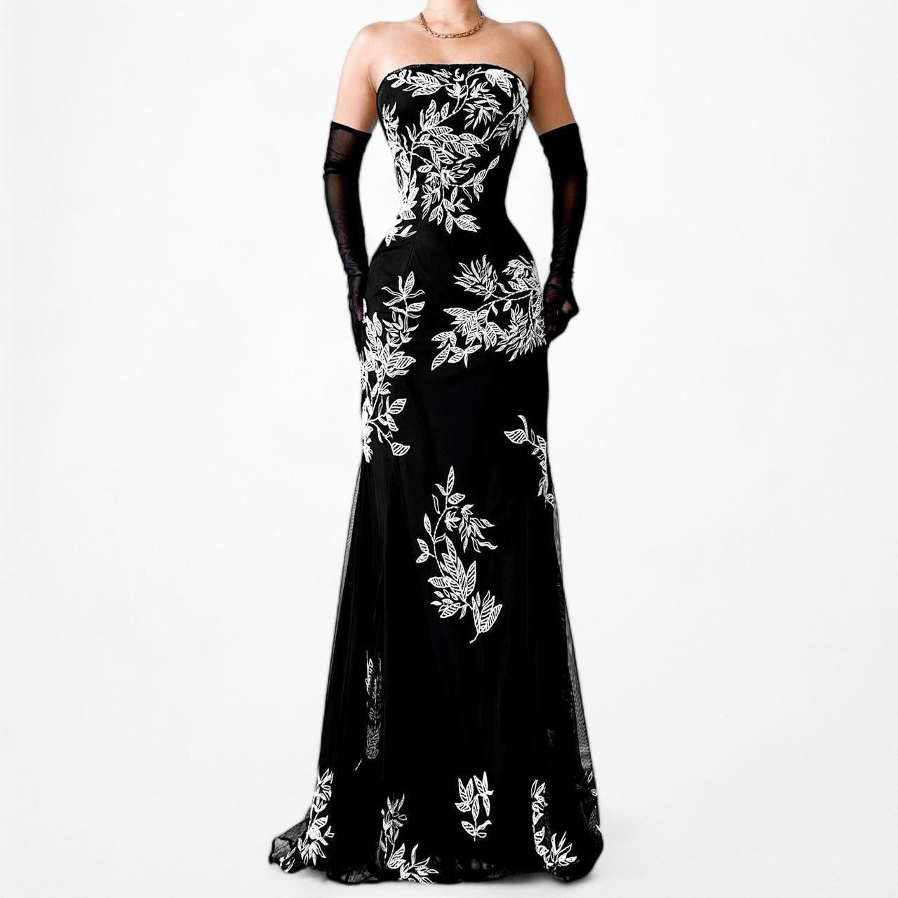 Black White Floral Beaded Strapless Fit Flared Maxi Cocktail Formal Prom Dress Size S