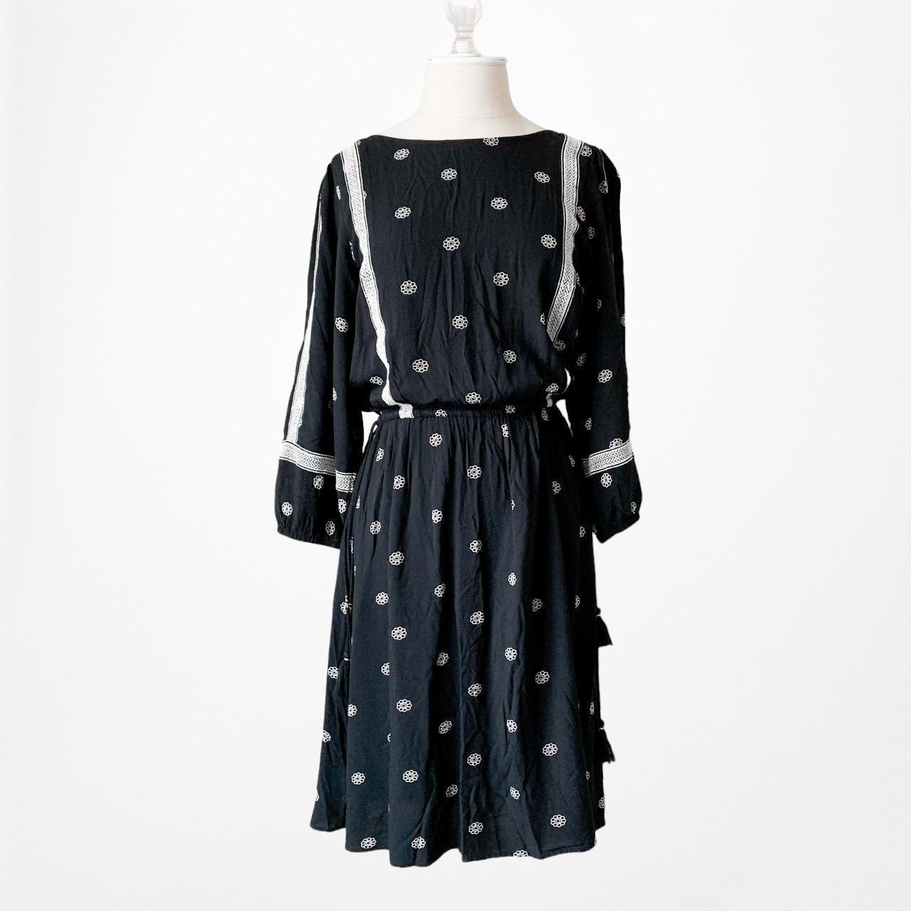 Loft Navy Blue Long Puffy Sleeve Striped Floral Knee Length Casual Dress