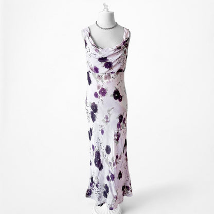 Vintage Purple Floral Slip On Maxi Sheath Cocktail Formal Dress Size S/M